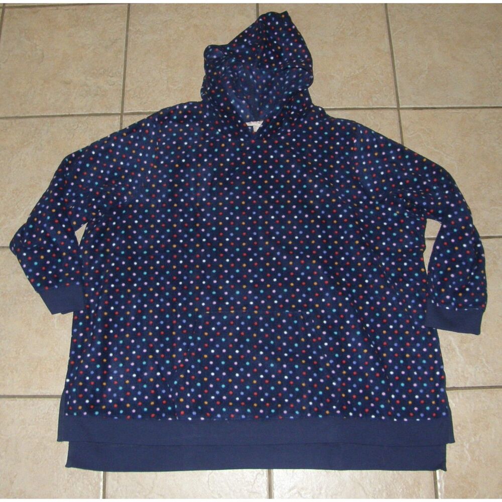 WOMAN WITHIN Blue Polka Dot Plus Sz 30/32 Soft Fleece Hooded Shirt Pocket NEW